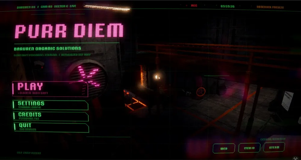 The PURR DIEM main menu: pink neon title and green PLAY, SETTINGS, CREDITS and QUIT buttons over a dark factory